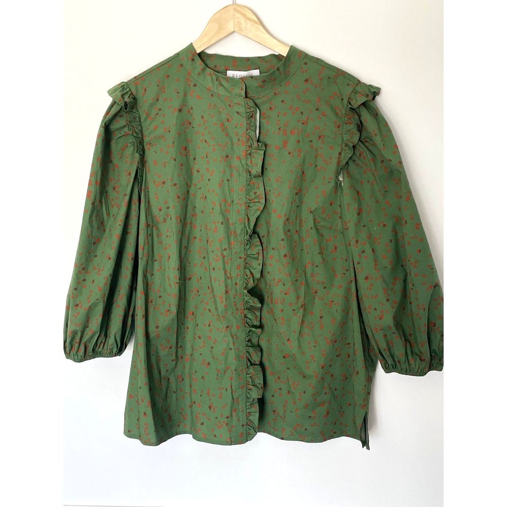 Eloquii Olive Green Ruffle Front Blouse with Rust Floral Print